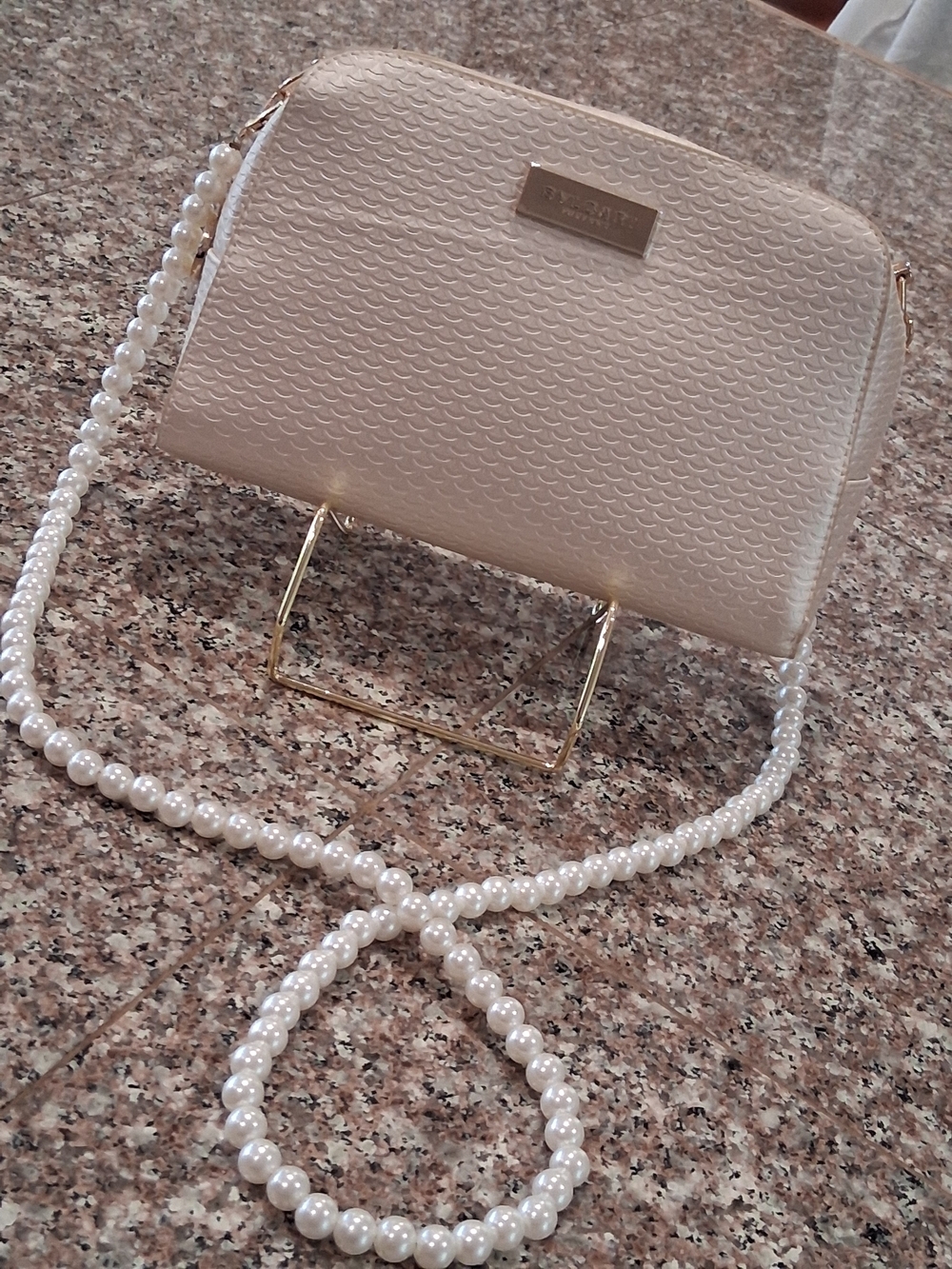 BVLGARI GWP Cream Textured Crossbody with Pearl Strap and Gold Accents